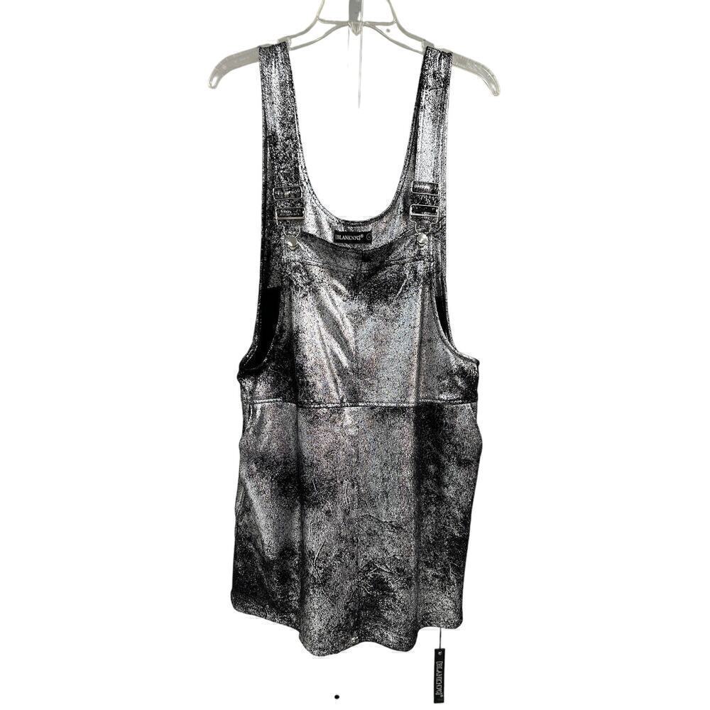 NWT BLANK NYC Womens L Silver Metallic Mercury Mini Skirt Jumper Overalls